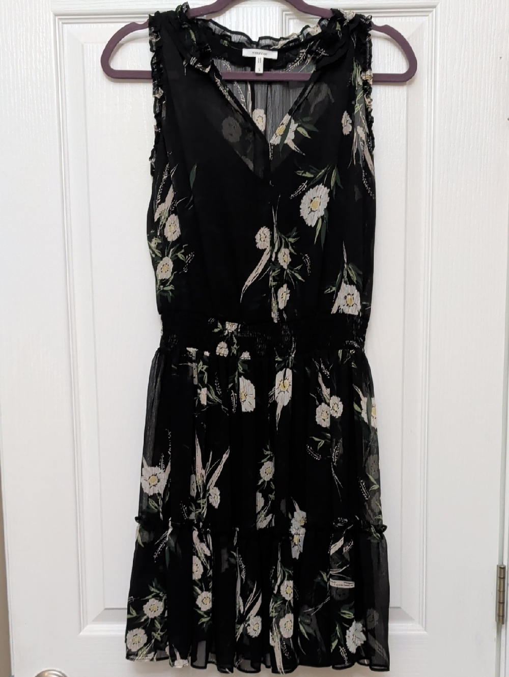 Maurices Black Chiffon Floral Ruffle Trim Skater Dress: size women's Small
